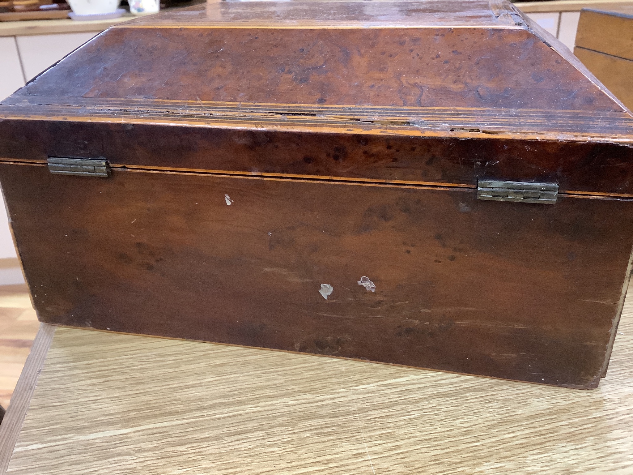 A Regency bird's eye maple work box, 13 cm high, 25 x 20cm and a parquetry box (2)